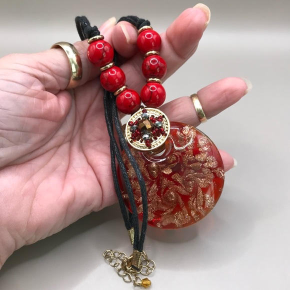 Red Glass Pendant & Acrylic Bead Necklace - Picture 8 of 8